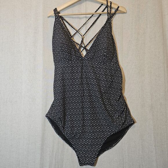 Liz Lange Maternity Swim One Piece Black White Dot Design XXL Strappy With Beads - Picture 1 of 12